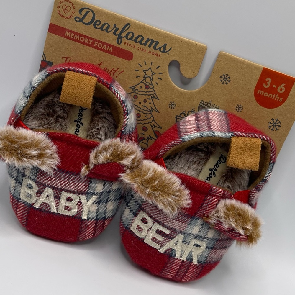 Dearfoams Baby Bear Slippers Red Plaid Faux Fur Memory Foam Unisex 3-6 Months.